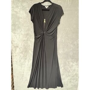 Prelude... Black Maxi Dress V‎ Neck Short Sleeve Gold Zipper Detail Size Large